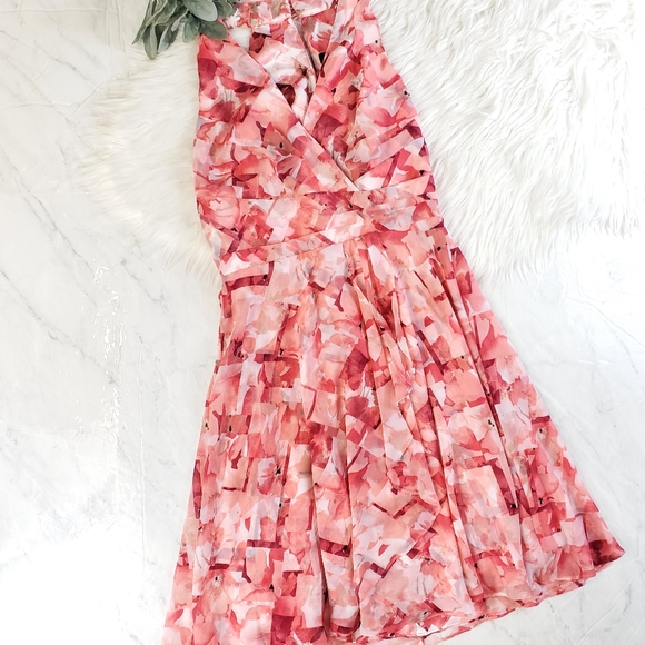 White House Black Market Dresses & Skirts - WHBM Coral Halter Faux Wrap Floral Satin Dress